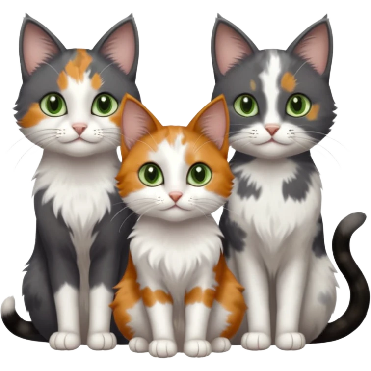 3 different coloured small cats including a dark grey and white, and a patchy calicowith hazel eyes  and a completely solid dark grey with green eyes and only white paws emoji