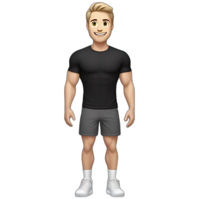 Joyful Pale skinned Fit Man With the biceps and dark brown hair in black shirt, gray sports shorts and white Sneakers emoji