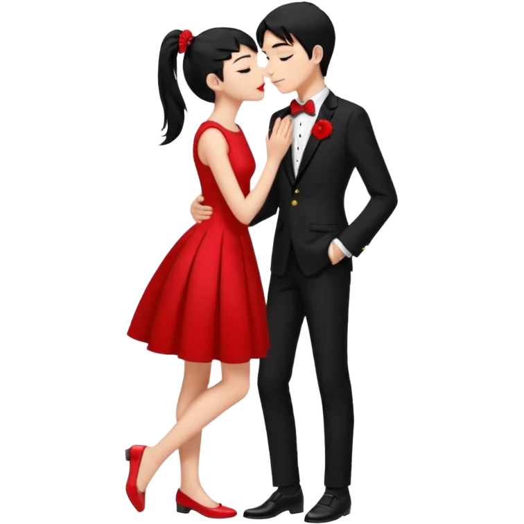 Make a girl has 18 years old black ponytail red dress, red flat and a boy has 19 years old black hair black tuxedo black shoes boy and girl kiss emoji