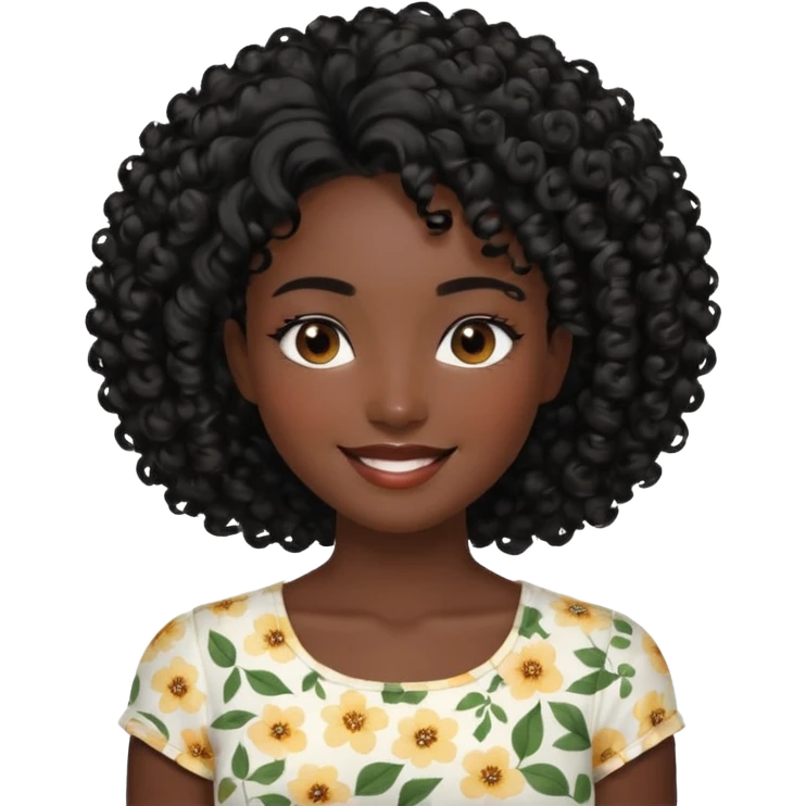 a young woman.She has voluminous, curly black hair that frames her face beautifully. Her skin tone is black light and glowing, and she has a subtle, natural makeup look. She’s smiling softly at the camera. She is wearing a white floral top emoji