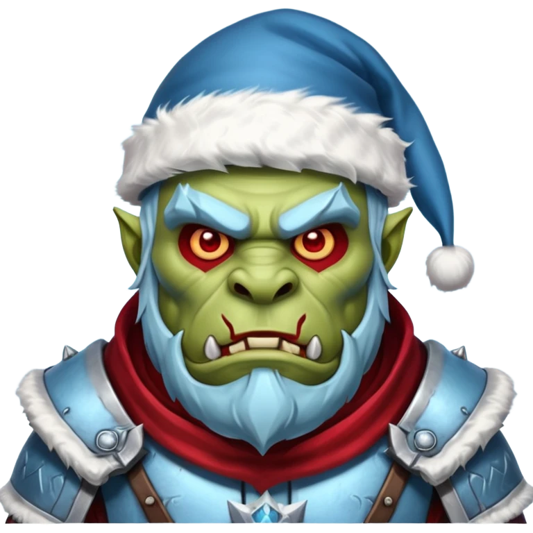 
Fantasy Christmas orc legion soldier icon, iron tundra army theme, heavy winter armor, disciplined brutal look, icy blue steel armor with deep crimson accents, frozen metal texture, cold winter atmosphere, male variant emoji