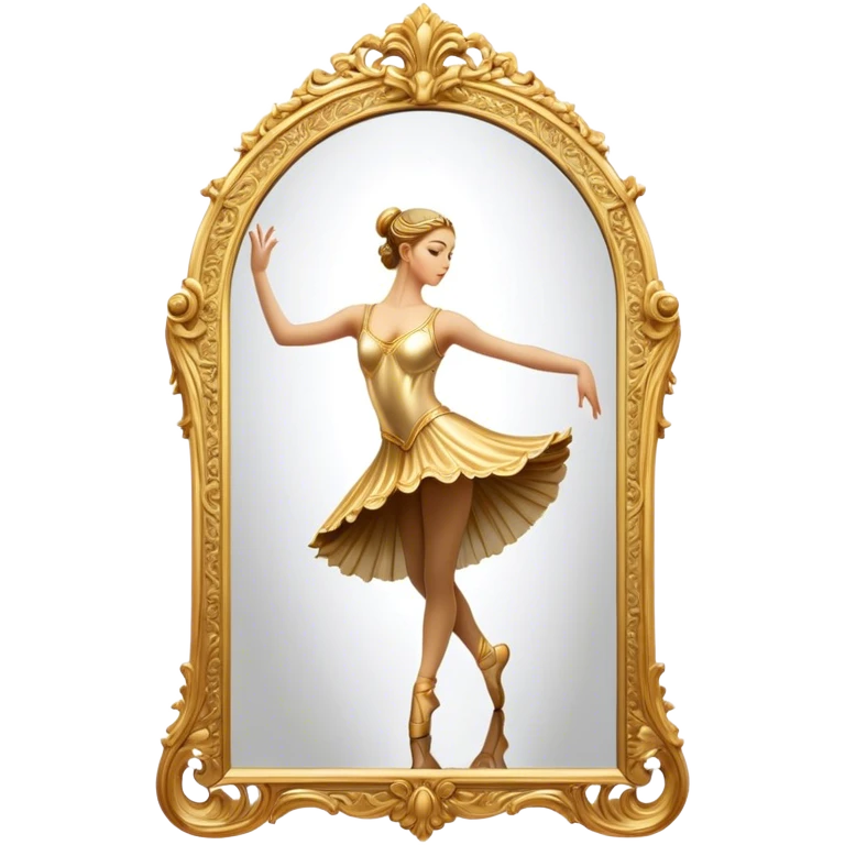 Cinematic Realistic Mirror, a large, ornate mirror reflecting a dancer’s poised silhouette, soft golden light creating depth, slight smudges on the glass adding realism, glowing with a timeless and artistic presence. emoji