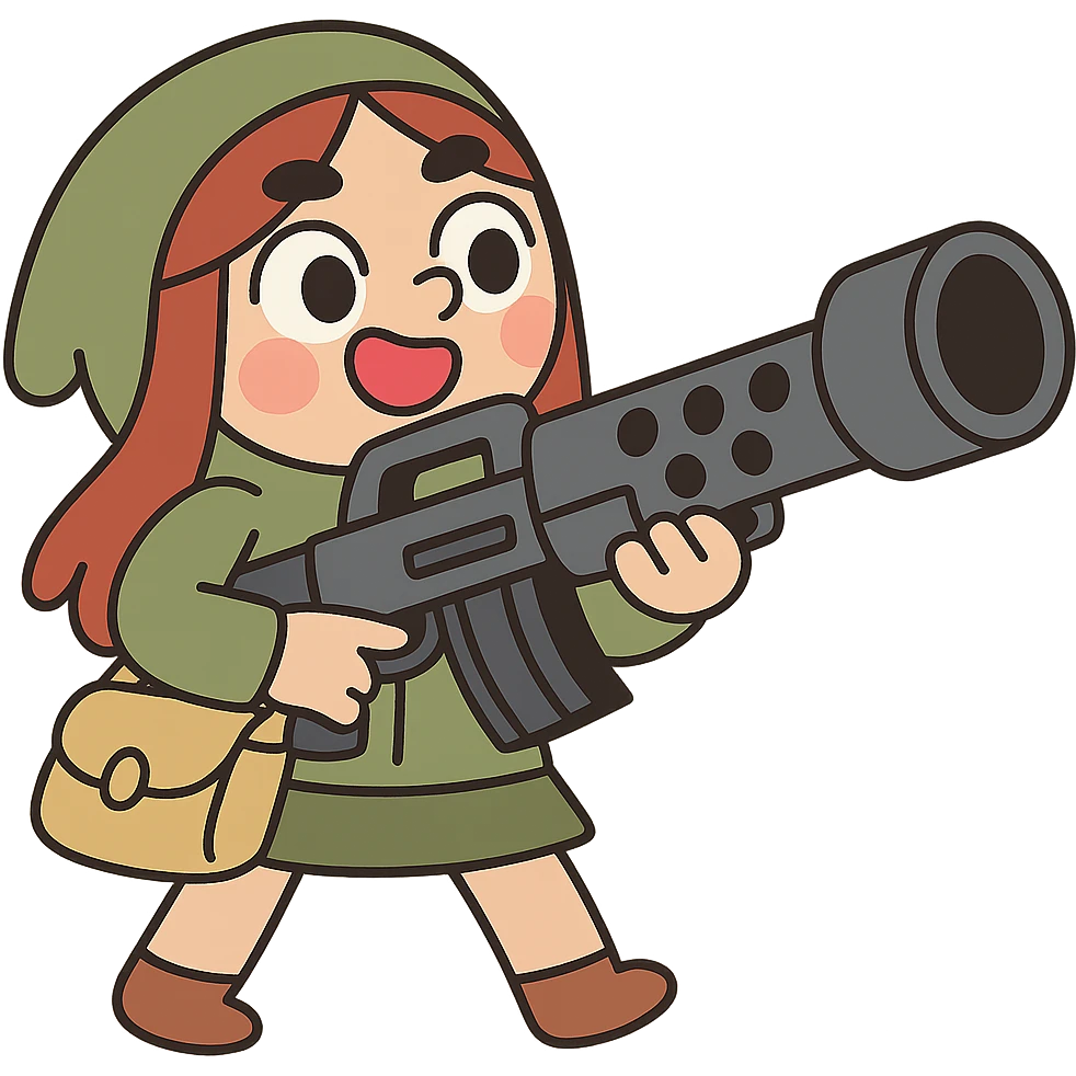 cheerful stalker girl with a massive machine gun, cute and exaggerated emoji