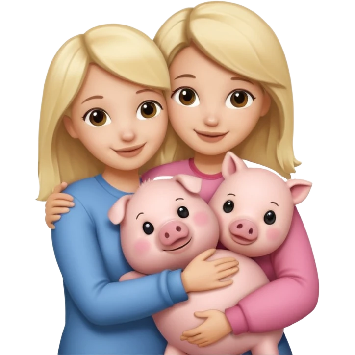 Girlfriends, blonde and brunette, hugging each other with a teddy bear and a little pig. Teddy emoji