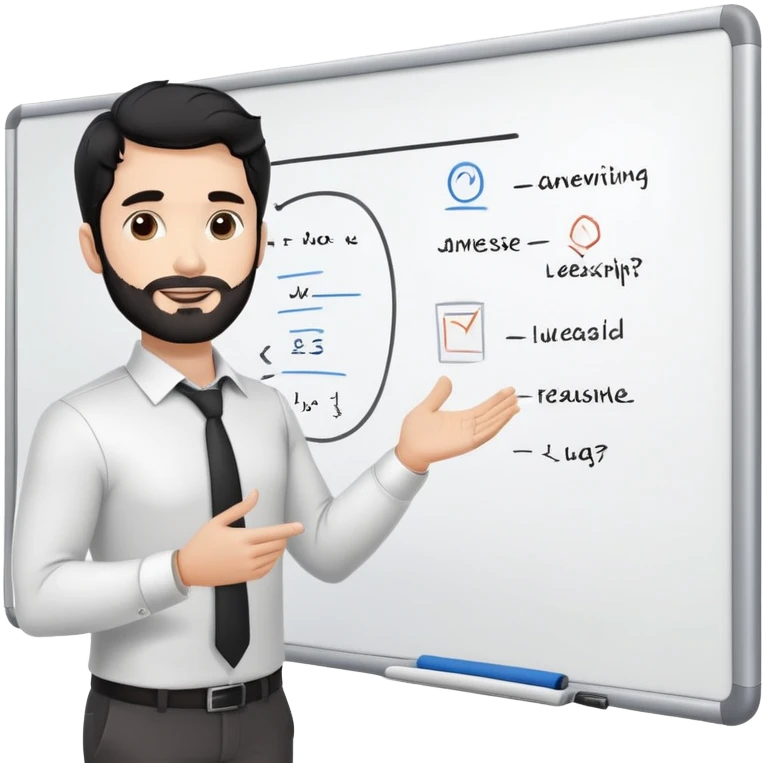 Professional 35-year-old man with black wavy hair, stubble, strong jawline, white skin tone, wearing smart casual business attire, standing in front of a diverse group, facilitating an interactive leadership workshop with whiteboard and participants emoji