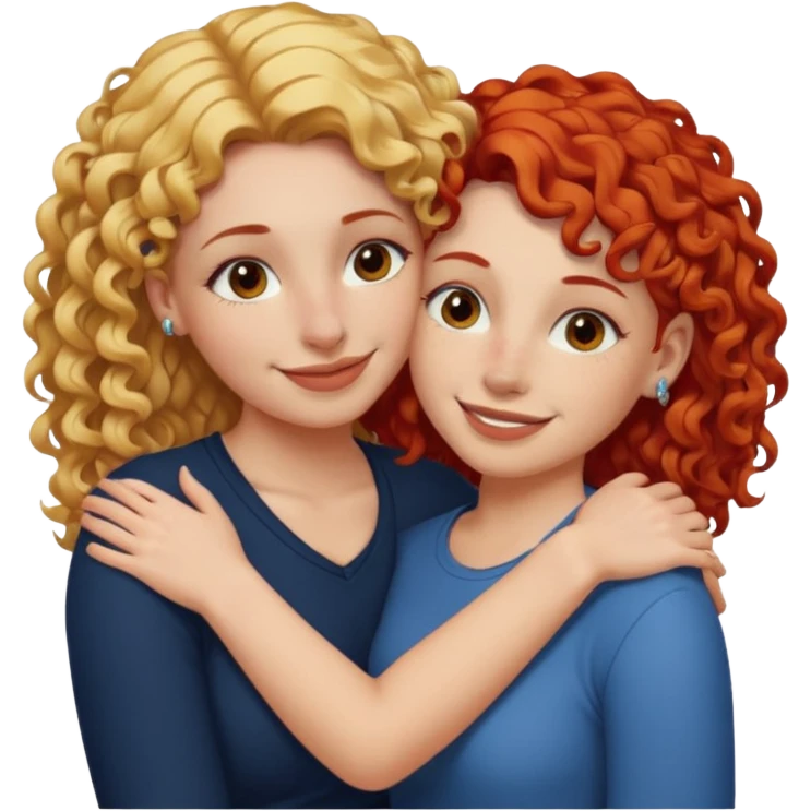 A woman with straight, blonde hair and a nose piercing and a woman with curly red hair and a nose piercing are hugging and smiling together. emoji