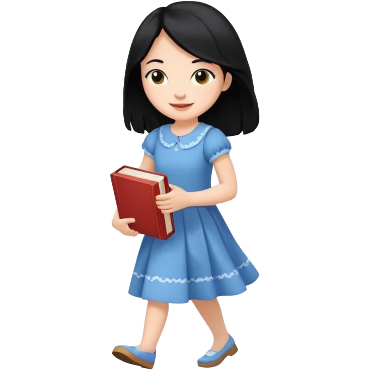 girl with black hair walking with book in、 emoji