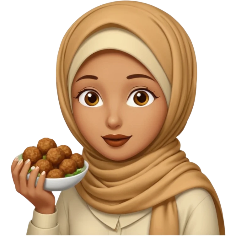 woman wearing a cream colored pashmina hijab eating meatballs emoji