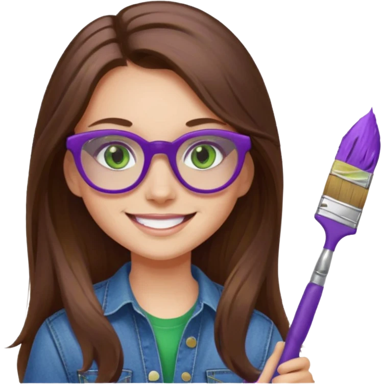 Girl, long brown hair, green eyes, purple glasses, jeans, smiling with a paint brush emoji