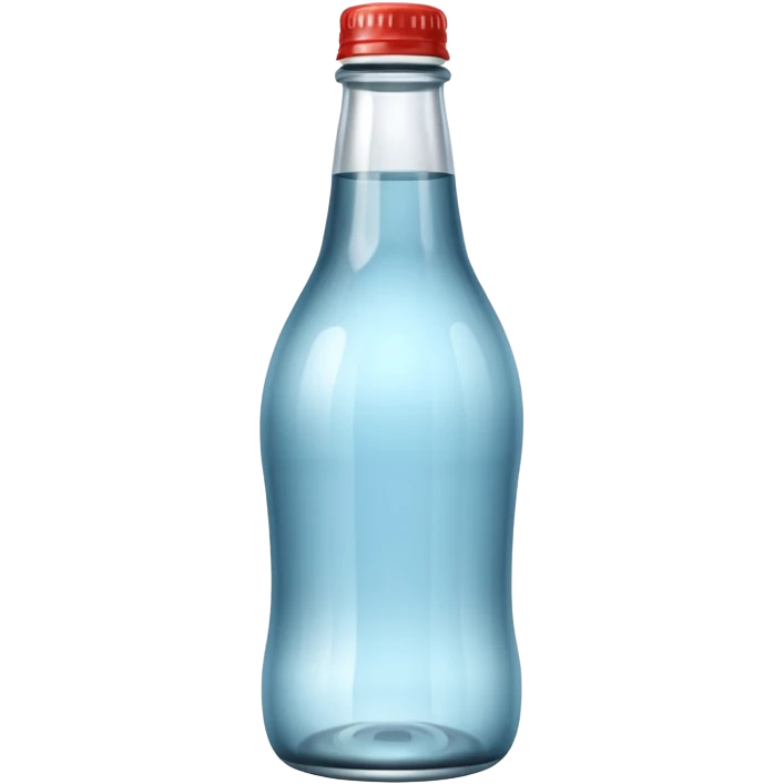 A 3D Apple-style empty soda bottle emoji, classic transparent glass with a narrow neck, no liquid inside, shiny reflective surface, light highlights on the glass, simple round body with a small cap, clean minimal background. emoji