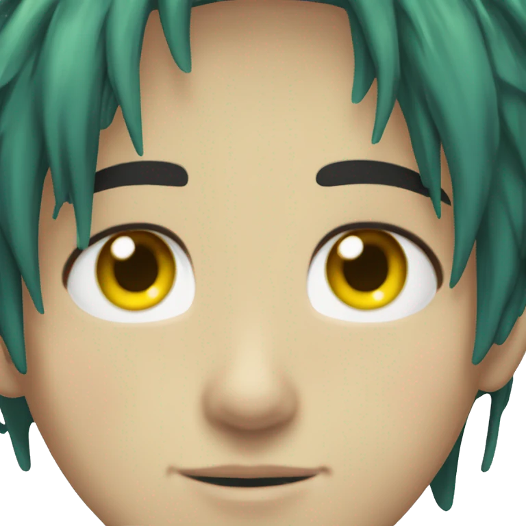 boy with medium lenth anime styled messy dark green hair, light skin, heterochromia, one yellow eye one blue eye emoji