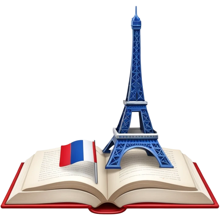 An icon featuring the Eiffel Tower and the flag of France, symbolizing the French language. The design includes an open book with French text, representing language learning and French culture. Transparent background highlights the elegance of the French-speaking world. emoji