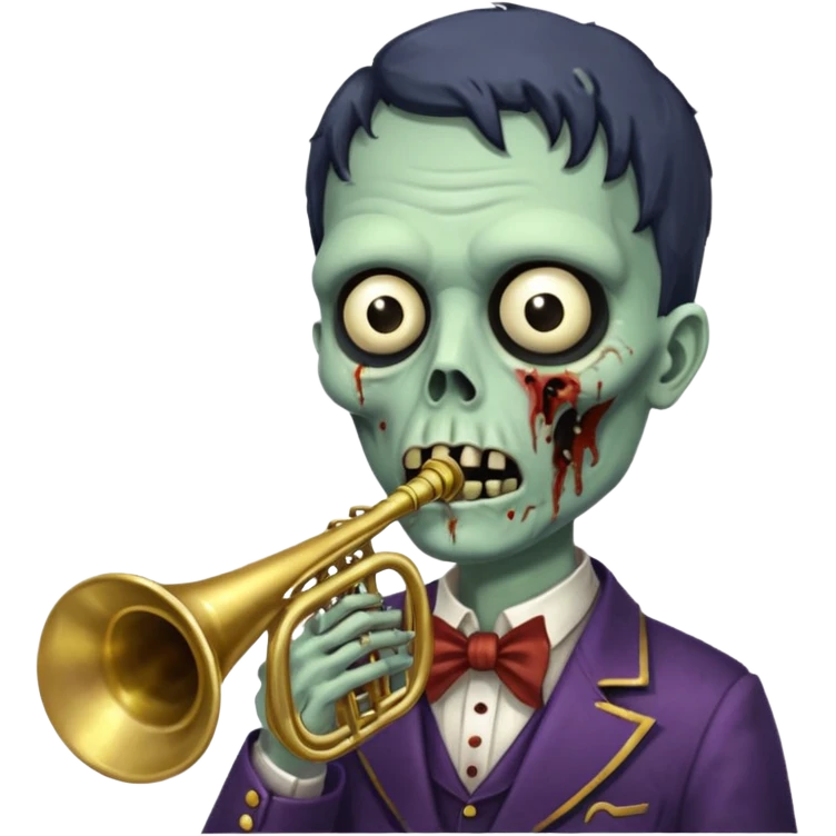 Zombie trumpeter – cracked trumpet, cheeks puffed, eerie parade feel. emoji