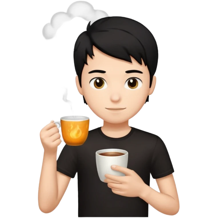 The boy teen have a black hair, and black T-shirt with a cup of tea emoji