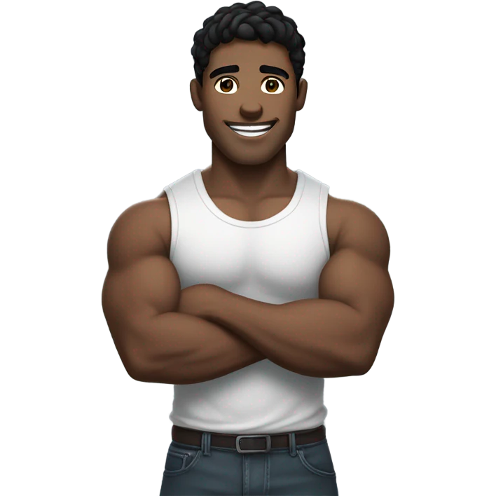 man with white skin, black hair and light eyes smiling while his muscular arms are crossed at chest level, he stares. emoji