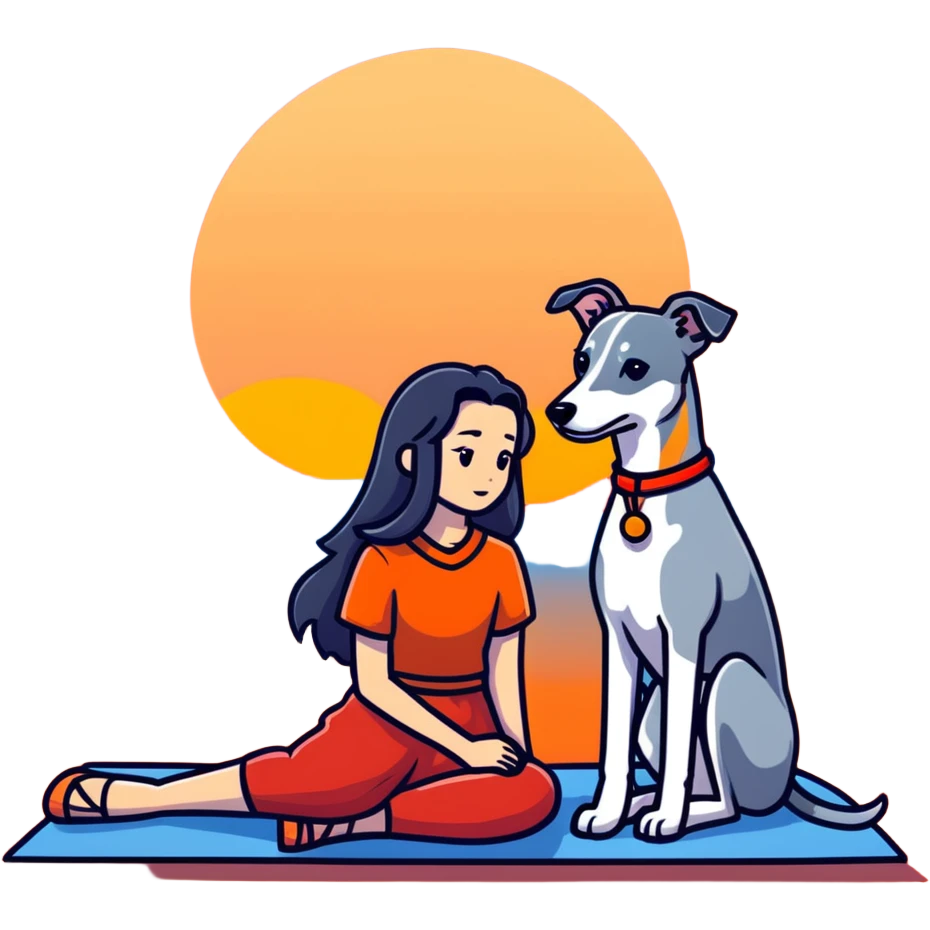 A very beautiful and attractive 25-year-old Chinese woman with long flowing black hair and a SOLID DARK GREY whippet sitting together during a beautiful sunset. The whippet MUST be COMPLETELY SOLID DARK GREY with ABSOLUTELY NO WHITE MARKINGS ANYWHERE - no white chest, no white face, no white paws, no white tip on tail - ENTIRELY ONE SOLID DARK GREY COLOR throughout the entire dog. Orange and red sunset sky in the background. emoji