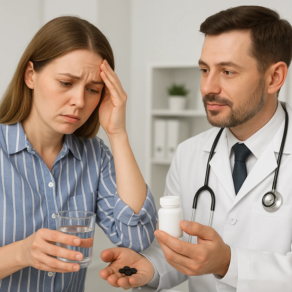 A realistic or illustrative style image of a doctor in a white coat prescribing medicine to a woman showing symptoms. The woman holds a glass of water and pills, with a worried expression. The background is clinical, inspired by the reference image. emoji