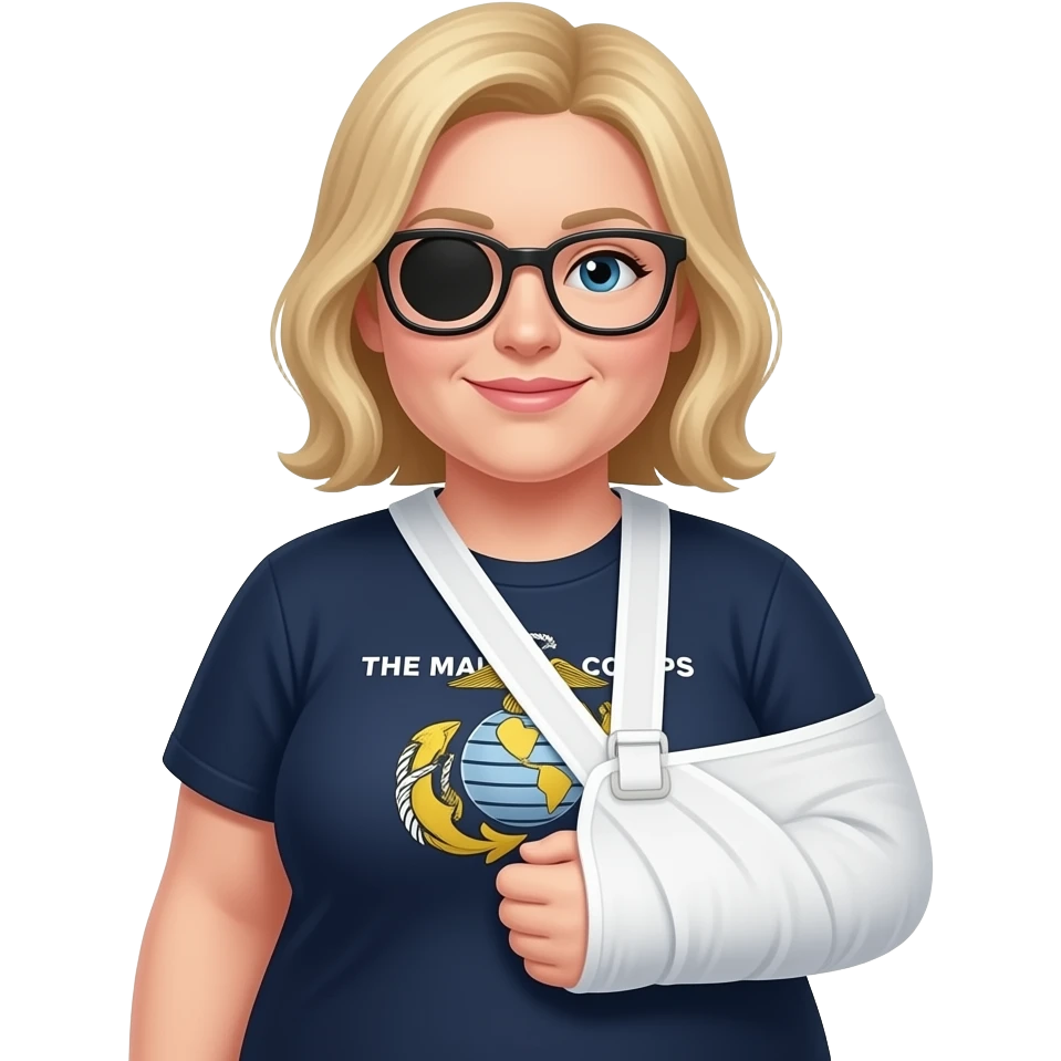A fat blonde woman with a black eye and arm in sling and glasses wearing a shirt saying the Marine Corps fucked him emoji