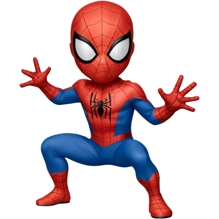 Un piccolo Spider-Man stilizzato in versione “chibi” o cartoonesca, appeso a testa in giù da un filo di ragnatela sottile. Il costume è classico,  La posa è compatta, con le braccia e le gambe piegate verso il corpo, dando un senso di leggerezza e simpatia.  emoji