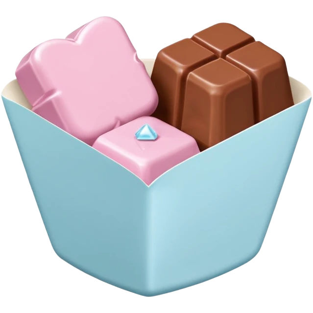 Two square milk chocolate pralines , sharp-edged glossy cubes placed diagonally side by side, each sitting in a small white fluted paper candy cup.
Flat thin pastel pink heart icing centered on top with fine sugar crystal sparkle, clean studio product lighting,  emoji