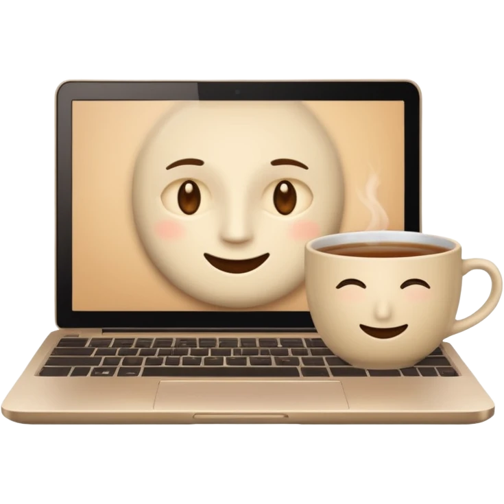 laptop with a neutral face inside the screen, next to a cup of tea emoji