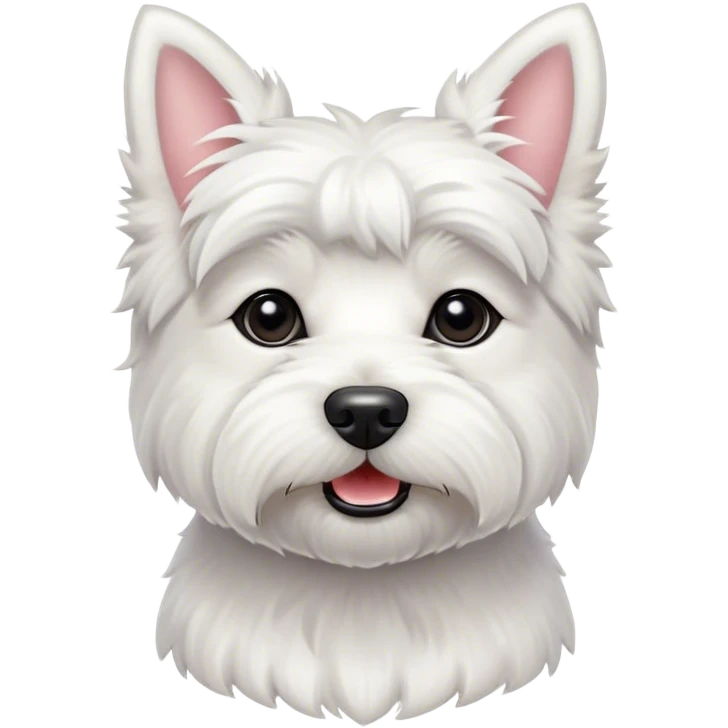 Cinematic Cute West Highland White Terrier Portrait Emoji, Head tilted playfully and inquisitively, featuring a fluffy, immaculate white coat with perky ears, round, sparkling dark eyes filled with curiosity, Simplified yet irresistibly adorable features, highly detailed, glowing with a warm, friendly glow, high shine, affectionate and lively, stylized with a touch of whimsy, bright and endearing, soft glowing outline, capturing the essence of a mischievous yet loving pup, so playful it feels like it could bound out of the screen and into your arms! emoji