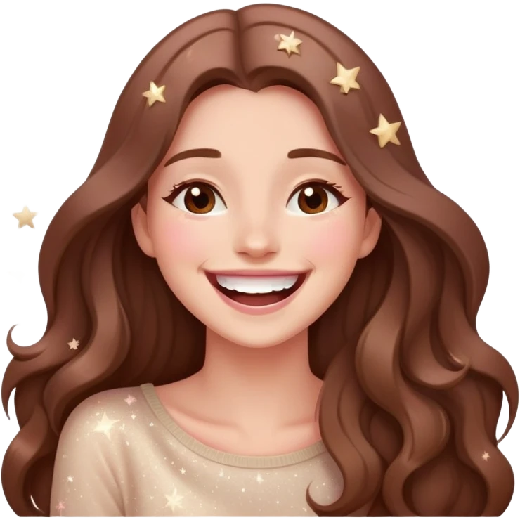 Woman with long brown hair laughing with stars and sparkles, light beige and pink color scheme girl with long brown hair laughing with stars and sparkles, light beige and pink color scheme emoji