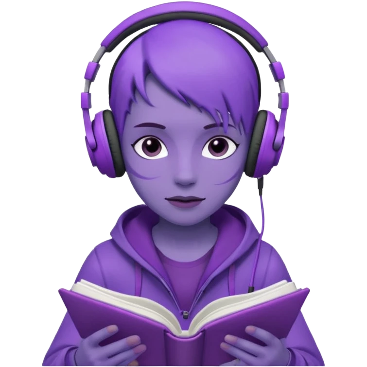 purple open written in journal with purple headphones on top emoji