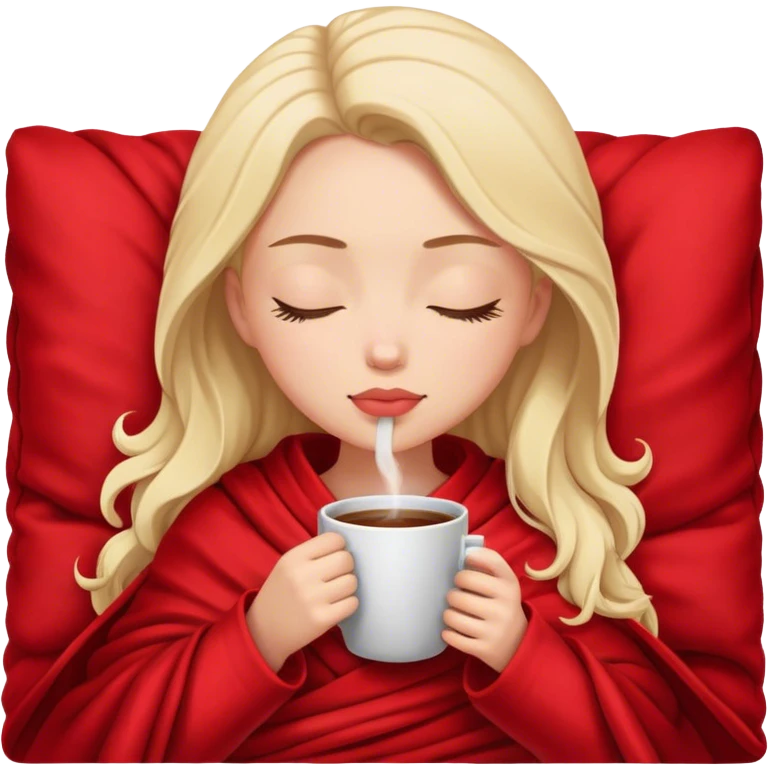 girl inside a red bulgary blanket sipping coffee eyes closed emoji