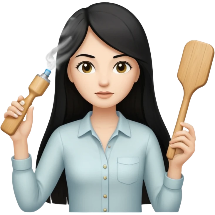 A white woman with long, straight black hair, wearing an ivory-colored shirt, holding a small square wooden paddle hairbrush in her left hand and spraying a hair mist bottle with her right hand toward her hair. emoji