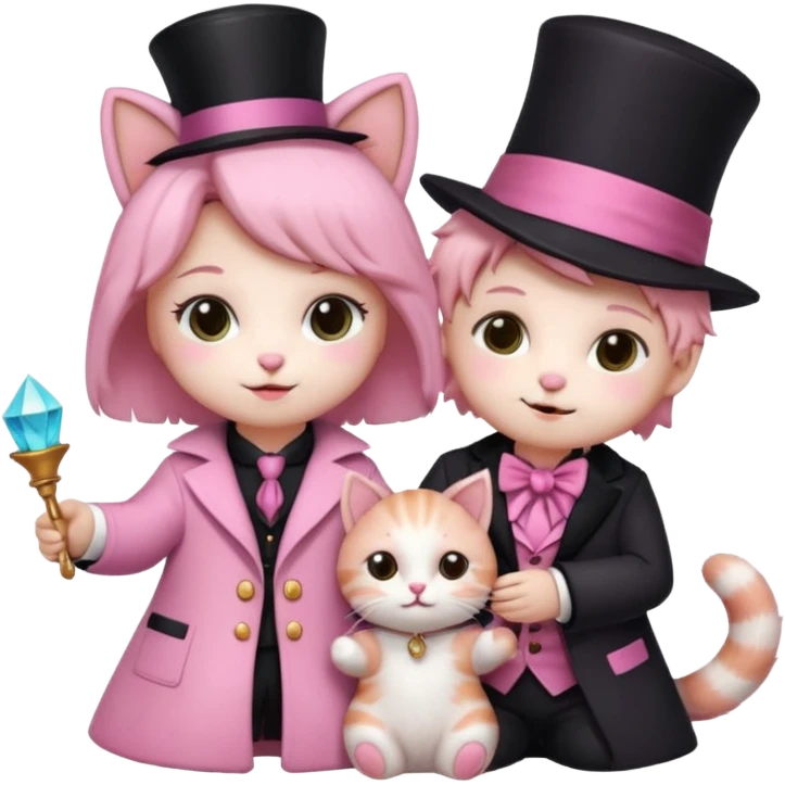 Aesthetic pink teddy magician couple and their pet cat emoji