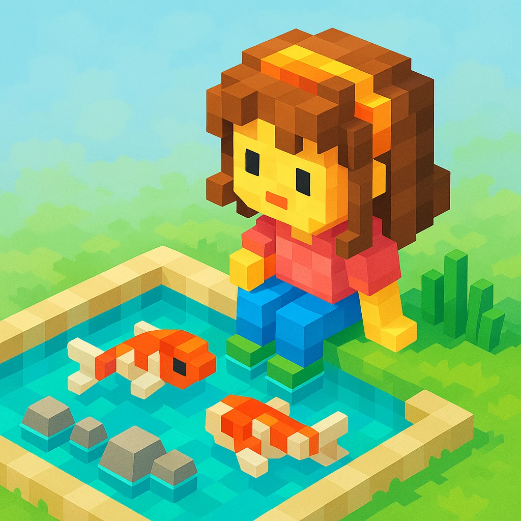 girl watching koi fish in a pond, realistic background emoji