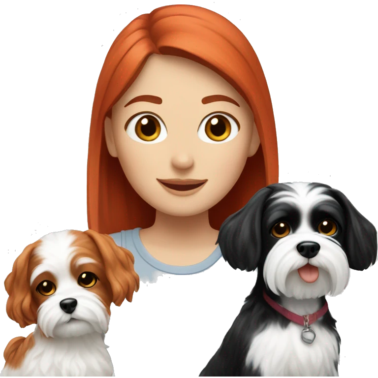 Red-haired girl next to her black and white Maltese dogs emoji