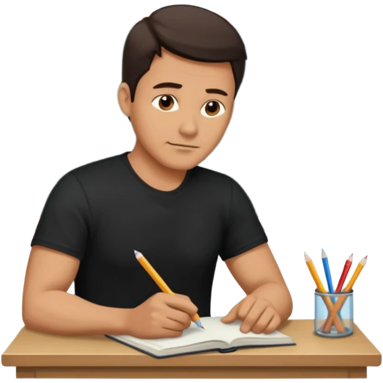 A handsome man in his 40s studying hard. Change his shirt in the first image to black. emoji