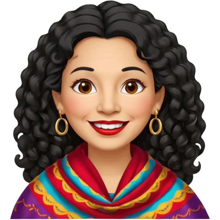 60 yr old peruvian woman, slightly chubby, wavy/curly long black hair, red lipstick, big smile, white teeth, brown eyes, hoop earings, side part to hair, round face emoji