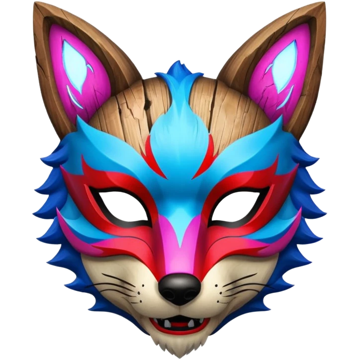 Ancient wooden mask, split in half, luminous and neon with red, blue and pink fox-like glow. emoji