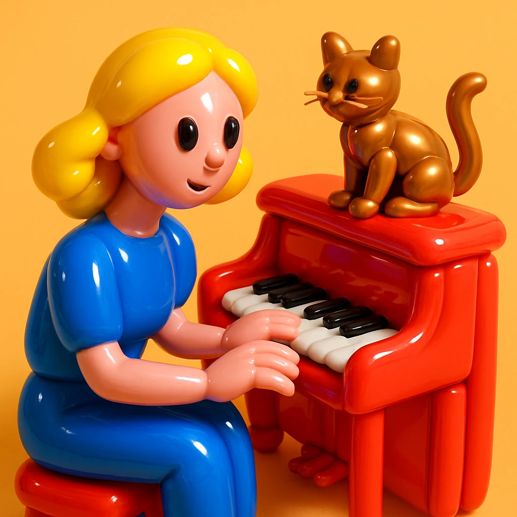 woman playing piano while her cat sits on top of the piano emoji