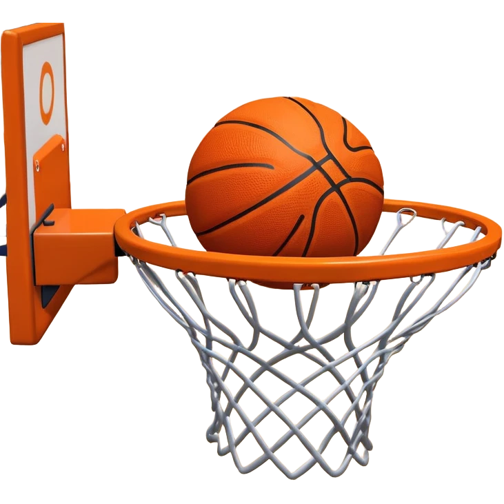 A close-up shot of a basketball entering the hoop, with the ball swishing through the net. The background features a blurred basketball court, emphasizing the perfect shot and the excitement of the game. emoji