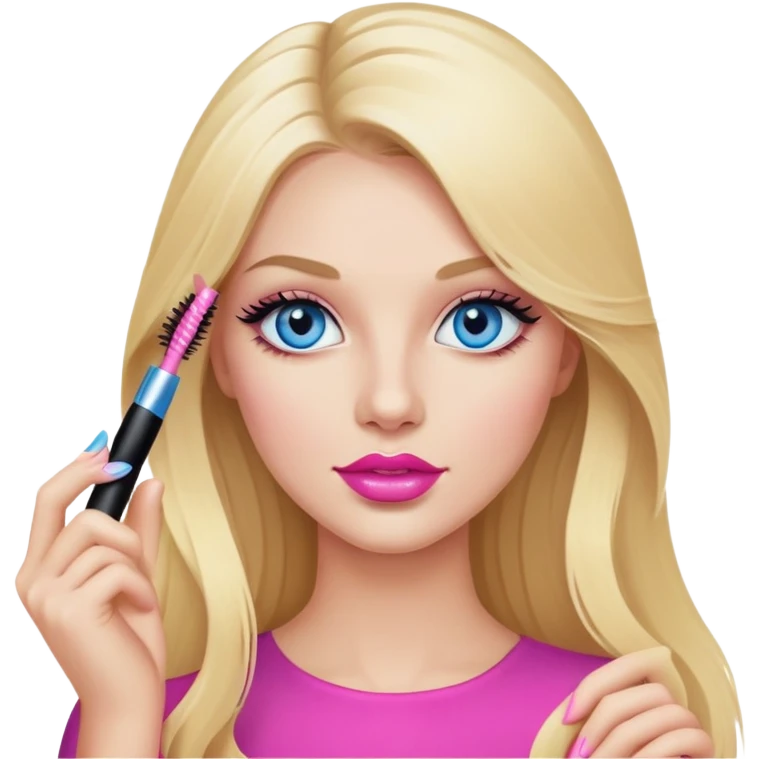 Blonde woman with long hair, blue eyes and pink lips holding mascara in her hands emoji