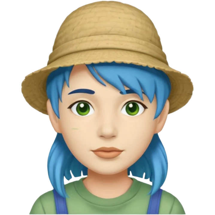 messy green full face clay mask and tourist hat blue hair  emoji