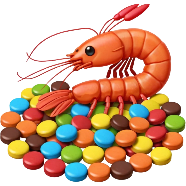 Shrimp made from candy like smarties, skittles, mars bar, nerds colorful emoji
