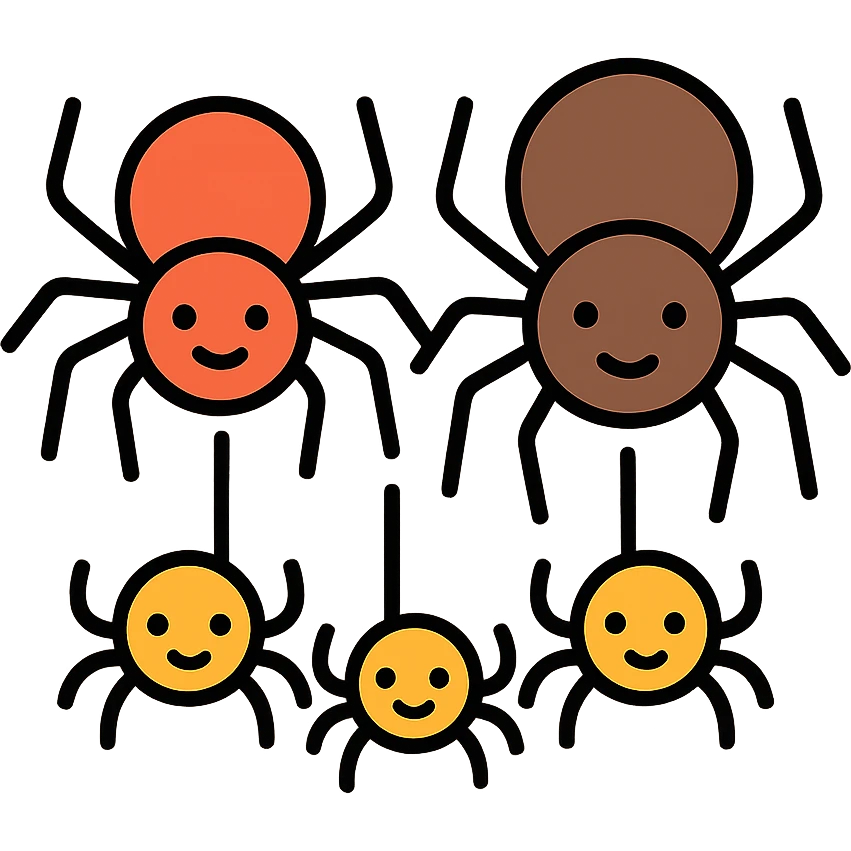 Spider family - parent spiders with baby spiders, showing family connection emoji