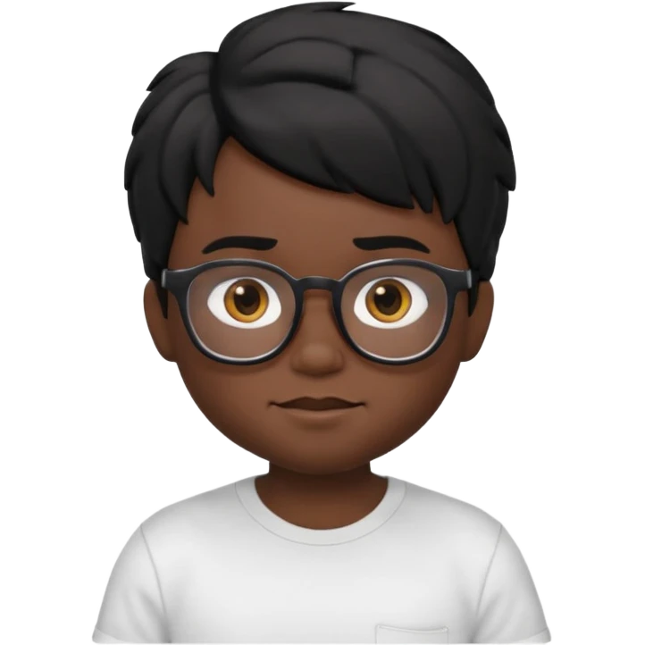 3D cartoon emoji portrait of a young character with black skin, messy black hair, big expressive brown eyes, wearing glasses and a white t-shirt, realistic shading, Pixar-style lighting, smooth texture, cute and slightly funny expression, high-quality render, white background, Apple Memoji style emoji