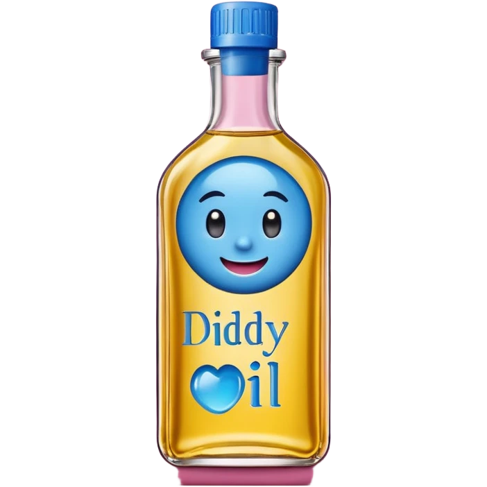 Smiling bottle of oil blue top pink outside with logo that says Diddy oil emoji