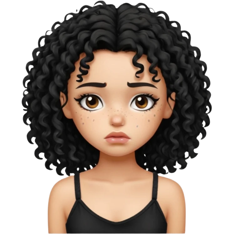generate a pretty fair bratz girl with black messy curly hair looking sad . Wearing a black cami emoji