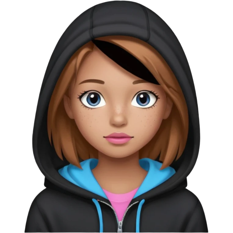 Create a teenage girl with straight light brown hair, tan skin, light freckles, and blue-grey eyes. She will have pink lips and long black eyelashes. She will be wearing a big black hoodie. emoji