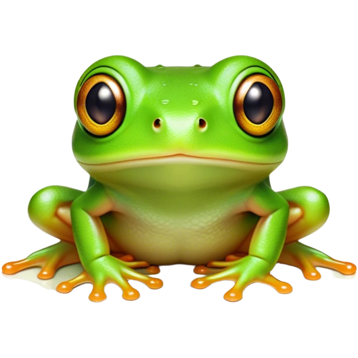 Cinematic Cute Green Tree Frog Portrait Emoji, Head tilted playfully and inquisitively, featuring a charmingly compact form with vivid green, slightly textured skin, prominent sticky toe pads, and round, sparkling eyes full of playful wonder, Simplified yet irresistibly adorable features, highly detailed, glowing with a warm, inviting jungle glow, high shine, affectionate and lively, stylized with a touch of tropical whimsy, soft glowing outline, capturing the essence of a mischievous yet loving frog that seems as if it could hop out of the screen into your arms! emoji