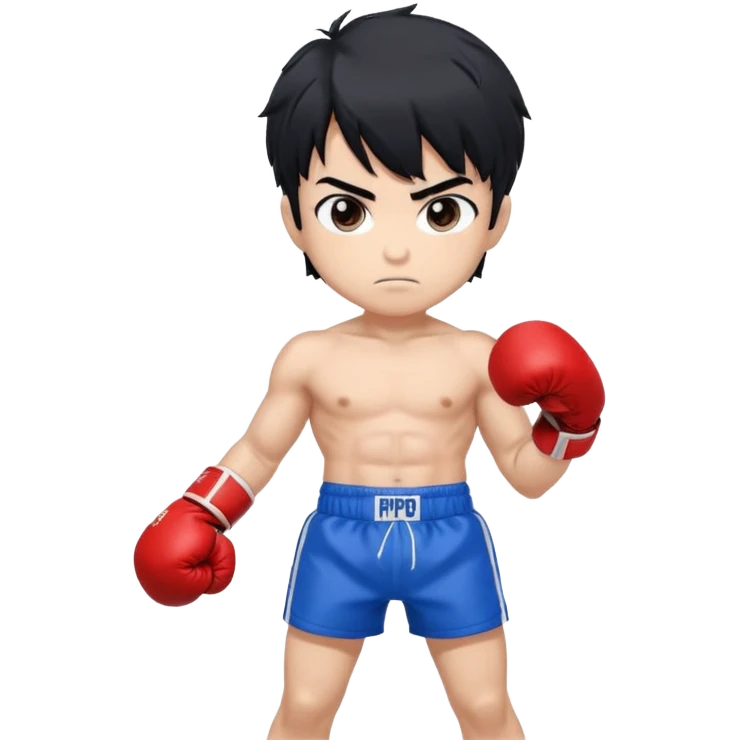 masterpiece, medium short plane, anime style, chibi, inspired by Ippo Makanouchi (Hajime no Ippo), young male boxer, short messy black hair, athletic and compact build, red boxing gloves, blue boxing shorts, big expressive eyes, clean lineart, vertical composition, TikTok avatar style,  emoji