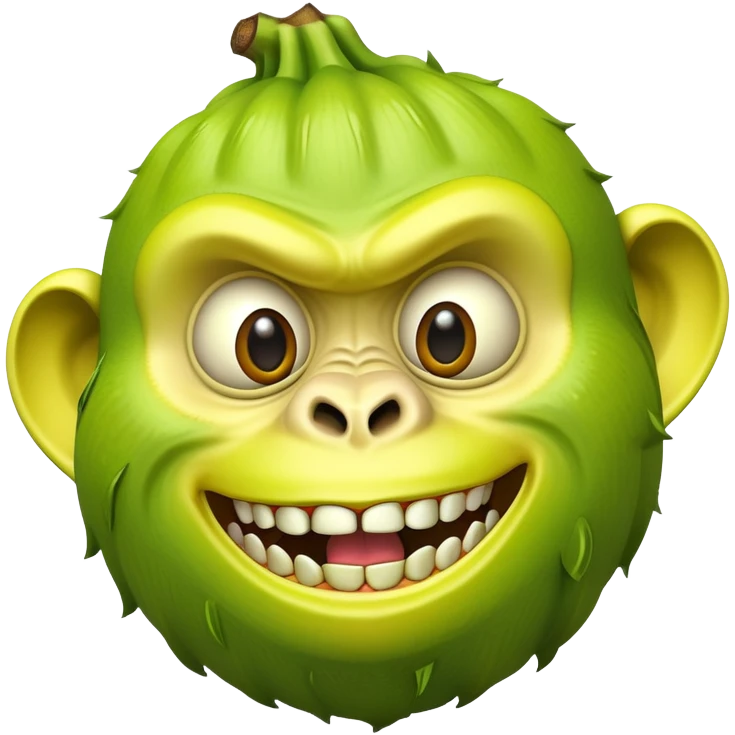 A peeled banana body with a lime green gorilla head showing teeth and expressive eyes emoji