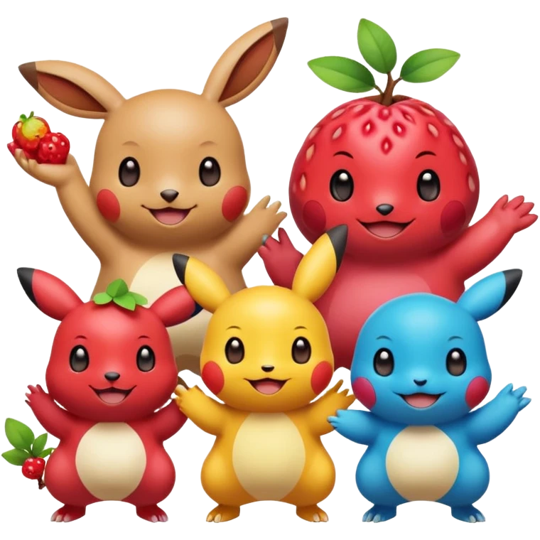 Three Pokémon characters showing kindness and teamwork. One Pokémon is handing a berry to another, while the third Pokémon is cheering and clapping happily. They look joyful and friendly, standing close together in a bright, colorful cartoon scene. The style is cute, playful, and emoji-like. emoji